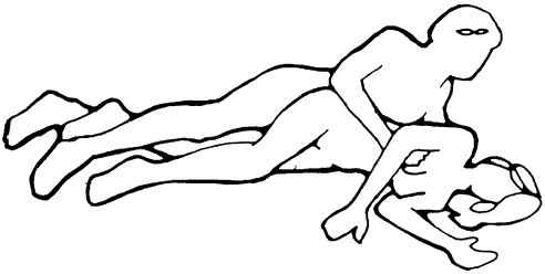 Figure 1 - Both partners lying on side. The man is behind. The woman can have a pillow between her knees. This position is good when the woman has hip problems. Figure 1 - Both partners lying on side. The man is behind. The woman can have a pillow between her knees. This position is good when the woman has hip problems.