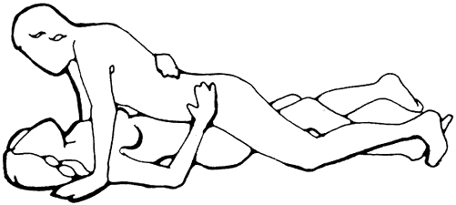 Figure 2 - The woman lies on her back knees together with pillow under hips and thighs. The man supports his own body weight on his hands and knees. This can be used when the woman has hip or knee problems or is unable to move her legs apart.